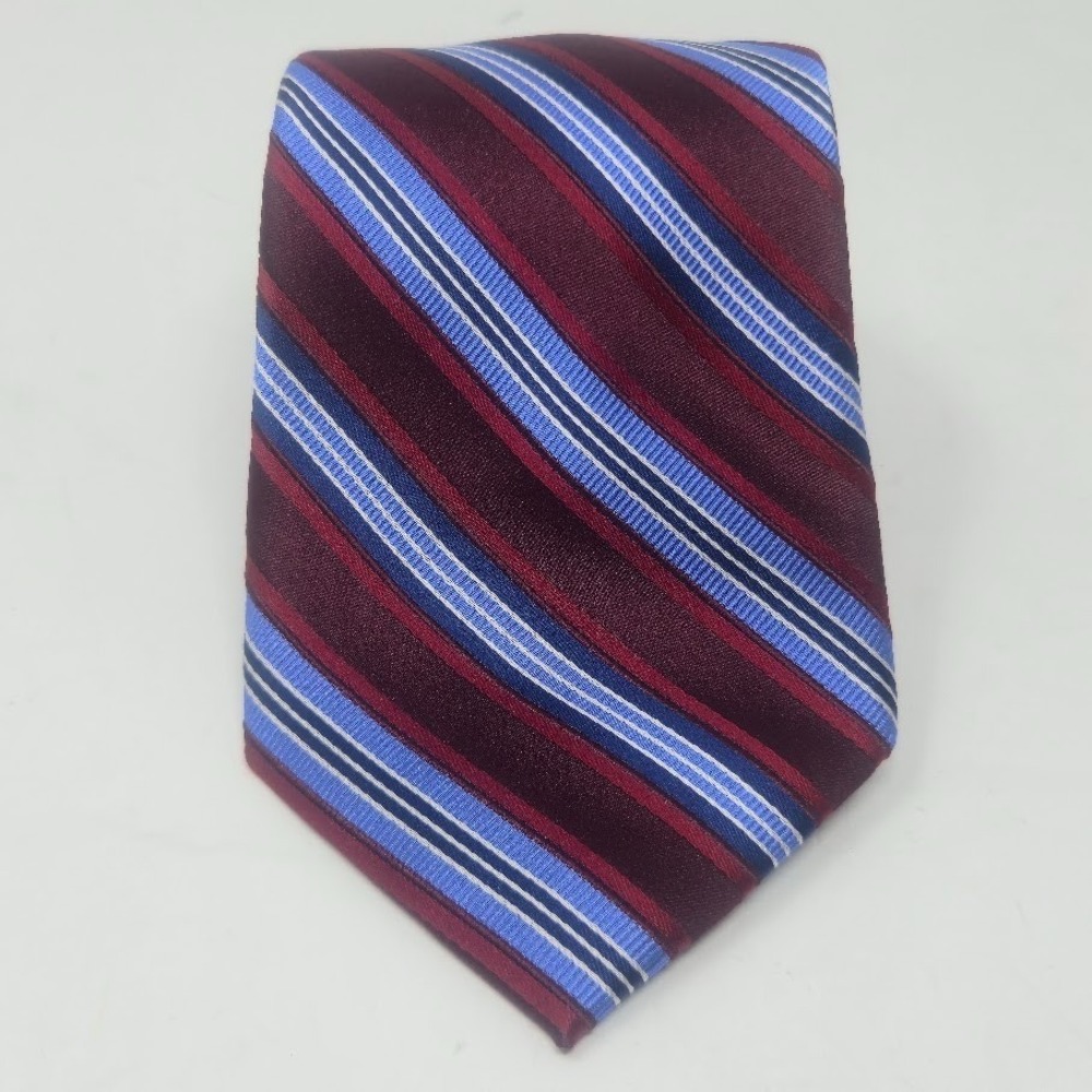 Preswick & Moore Mens Burgundy Light Blue Diagonal Stripe 100% Silk Tie Classic